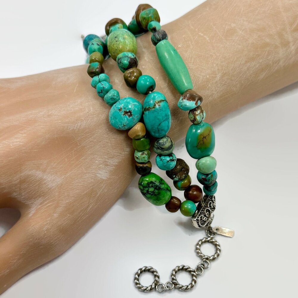 Turquoise Bracelet, Sterling Silver, Multi-Strand Beaded, Mixed Turquoise Vintag